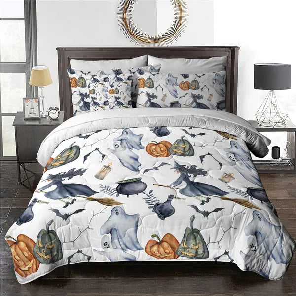 8pcs Halloween Comforter Set. Witch Pattern Bed In A Bag Bedding With Comforter Sheet Sham - 1 Comforter. 2 Pillow Shams. 1 Flat Sheet. 1 Fitted Sheet. 1 Cushion Cover. 2 Pillowcases All Season