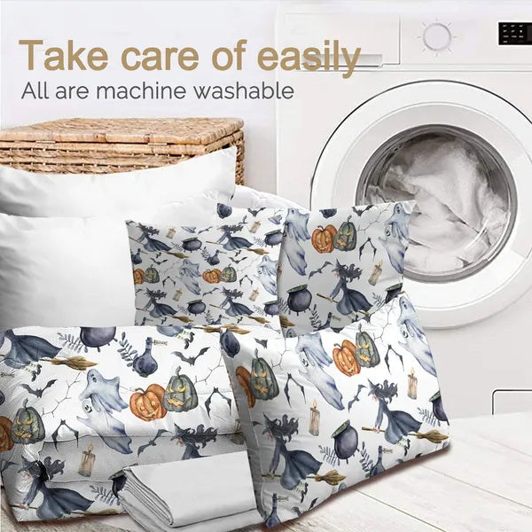 8pcs Halloween Comforter Set. Witch Pattern Bed In A Bag Bedding With Comforter Sheet Sham - 1 Comforter. 2 Pillow Shams. 1 Flat Sheet. 1 Fitted Sheet. 1 Cushion Cover. 2 Pillowcases All Season