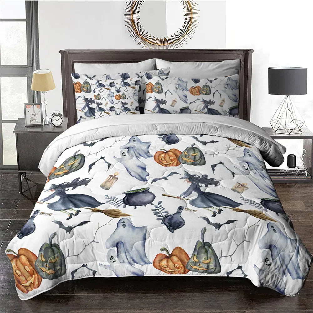 8pcs Halloween Comforter Set. Witch Pattern Bed In A Bag Bedding With Comforter Sheet Sham - 1 Comforter. 2 Pillow Shams. 1 Flat Sheet. 1 Fitted Sheet. 1 Cushion Cover. 2 Pillowcases All Season
