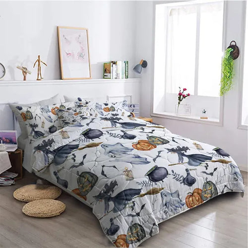 8pcs Halloween Comforter Set. Witch Pattern Bed In A Bag Bedding With Comforter Sheet Sham - 1 Comforter. 2 Pillow Shams. 1 Flat Sheet. 1 Fitted Sheet. 1 Cushion Cover. 2 Pillowcases All Season