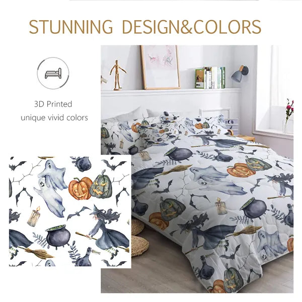 8pcs Halloween Comforter Set. Witch Pattern Bed In A Bag Bedding With Comforter Sheet Sham - 1 Comforter. 2 Pillow Shams. 1 Flat Sheet. 1 Fitted Sheet. 1 Cushion Cover. 2 Pillowcases All Season